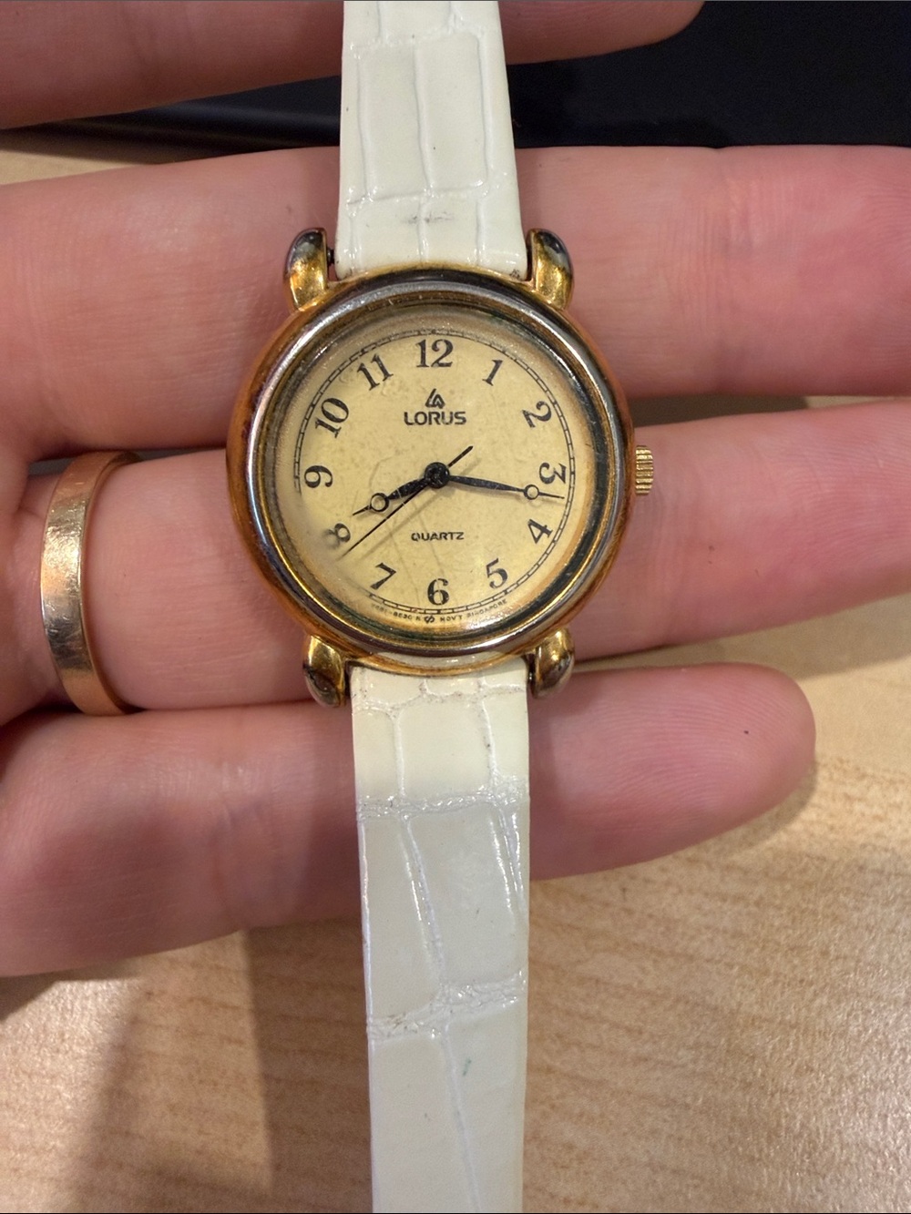 Lorus Gold-Tone Round Watch with Cream Dial & White Strap